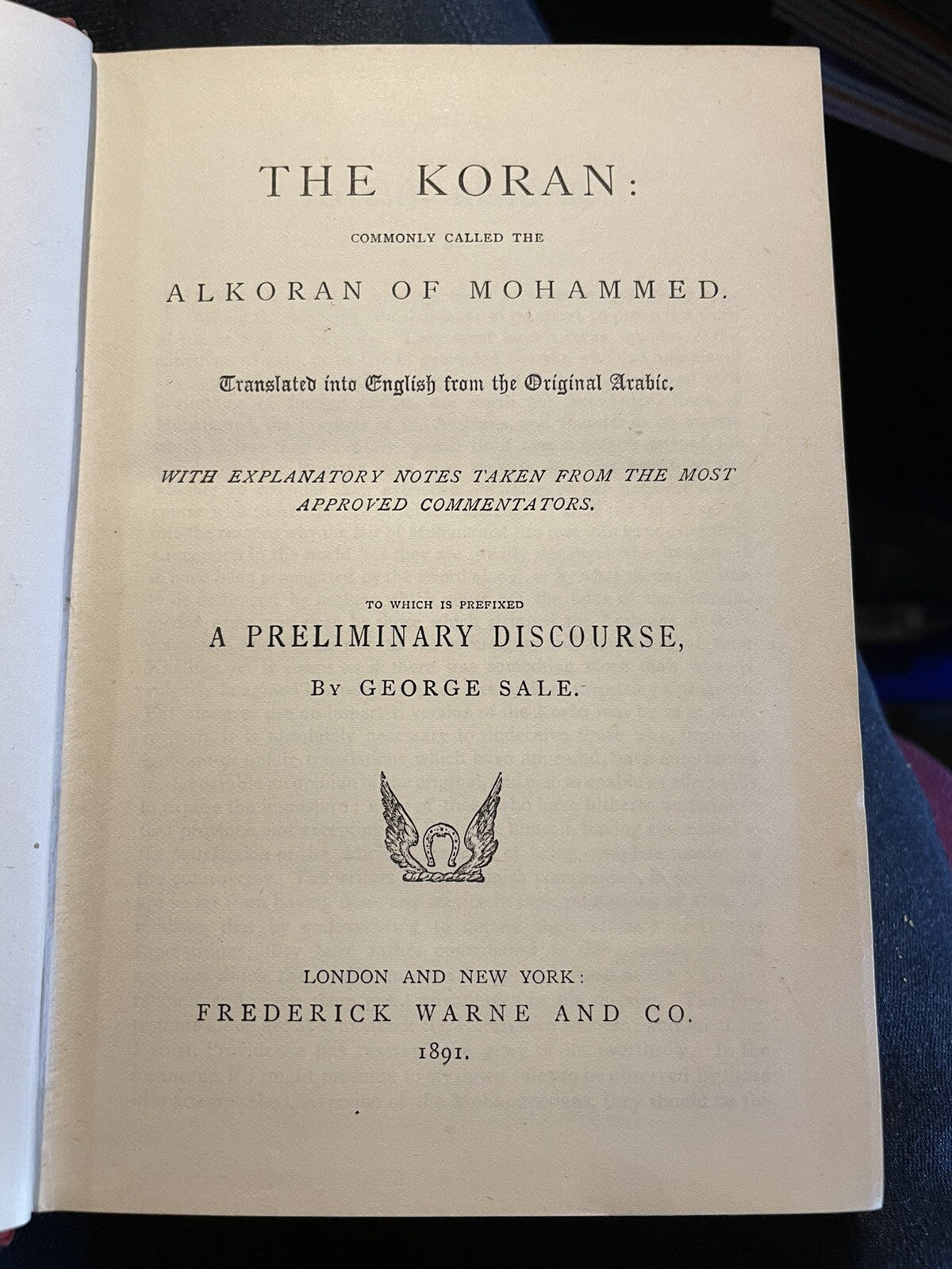 1891 The Koran : Commonly Called Alkoran of Mohammed : English from the Arabic