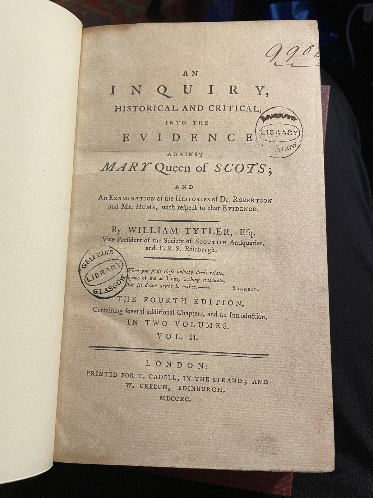 1790 An Inquiry into the Evidence Against Mary Queen of Scots (2 Vols) Tytler