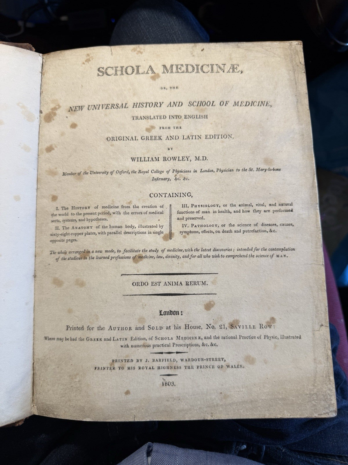 1803 Schola Medicinae; New Universal History and School of Medicine : Rowley