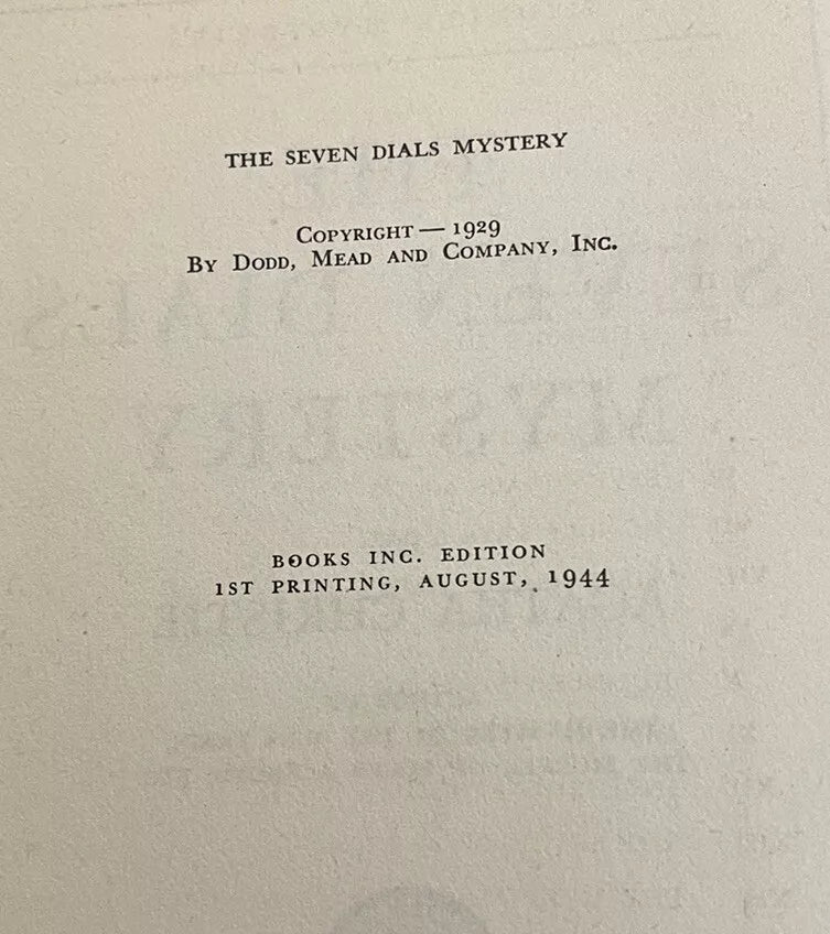 1944 Agatha Christie : The Seven Dials Mystery : 1st/1st US Ed : Original Jacket