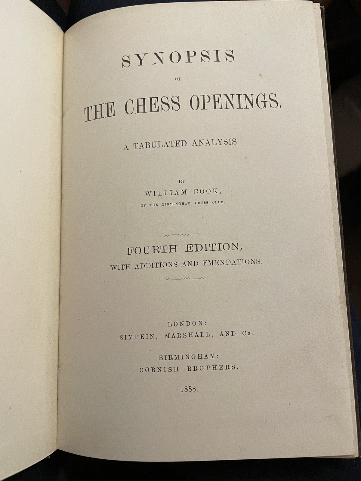 1888 Synopsis of the Chess Openings : A Tabulated Analysis : William Cook
