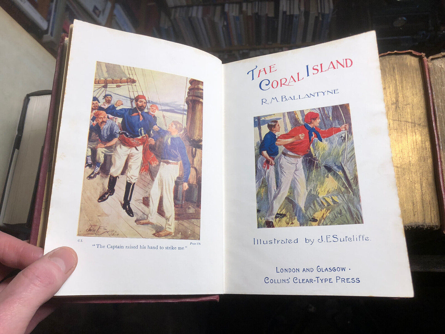 1912 THE CORAL ISLAND : R M Ballantyne : ILLUS by J E SUTCLIFFE Pictorial Cloth