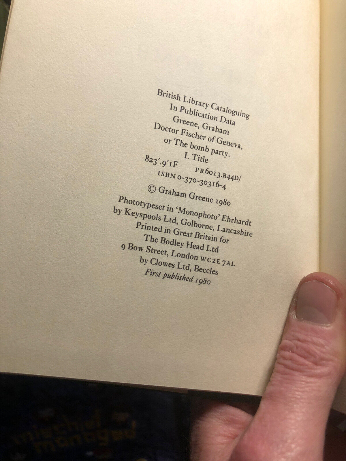 Graham Greene : Doctor Fischer of Geneva or the Tomb Party : VGC 1st Ed 1980