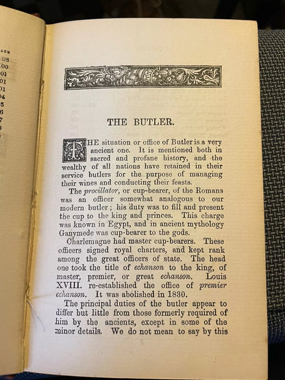 c1875 The Butler ; His Duties and how to Perform Them : Household Management