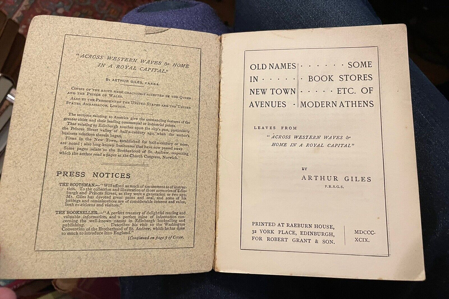 1899 Old Names in New Town Avenues; Book Stores of Modern Athens Edinburgh