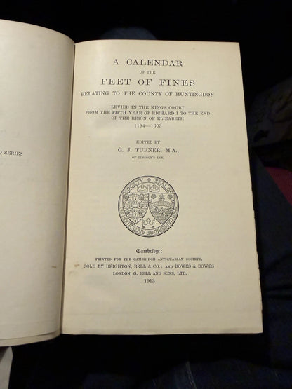 1913 A Calendar of the Feet of Fines Relating to the County of Huntingdon : VGC