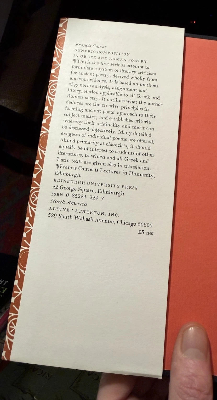 1972 Generic Composition in Greek and Roman Poetry : Francis Cairns : HB : VGC