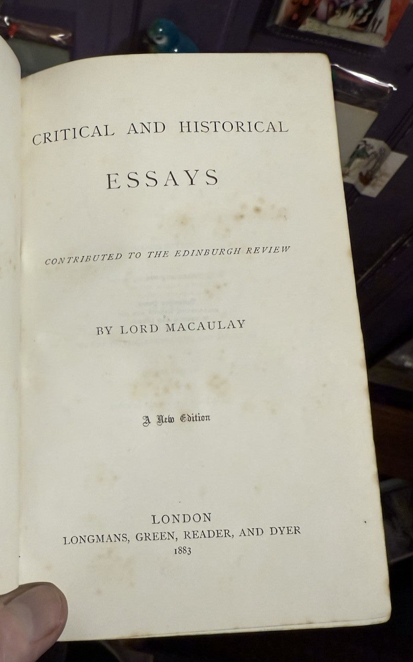 1883 Critical and Historical Essays : Lord Macaulay