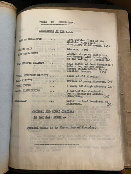 Halbert Tatlock Typed Theatre Script Play : Weir of Hermiston (Stevenson) 1927