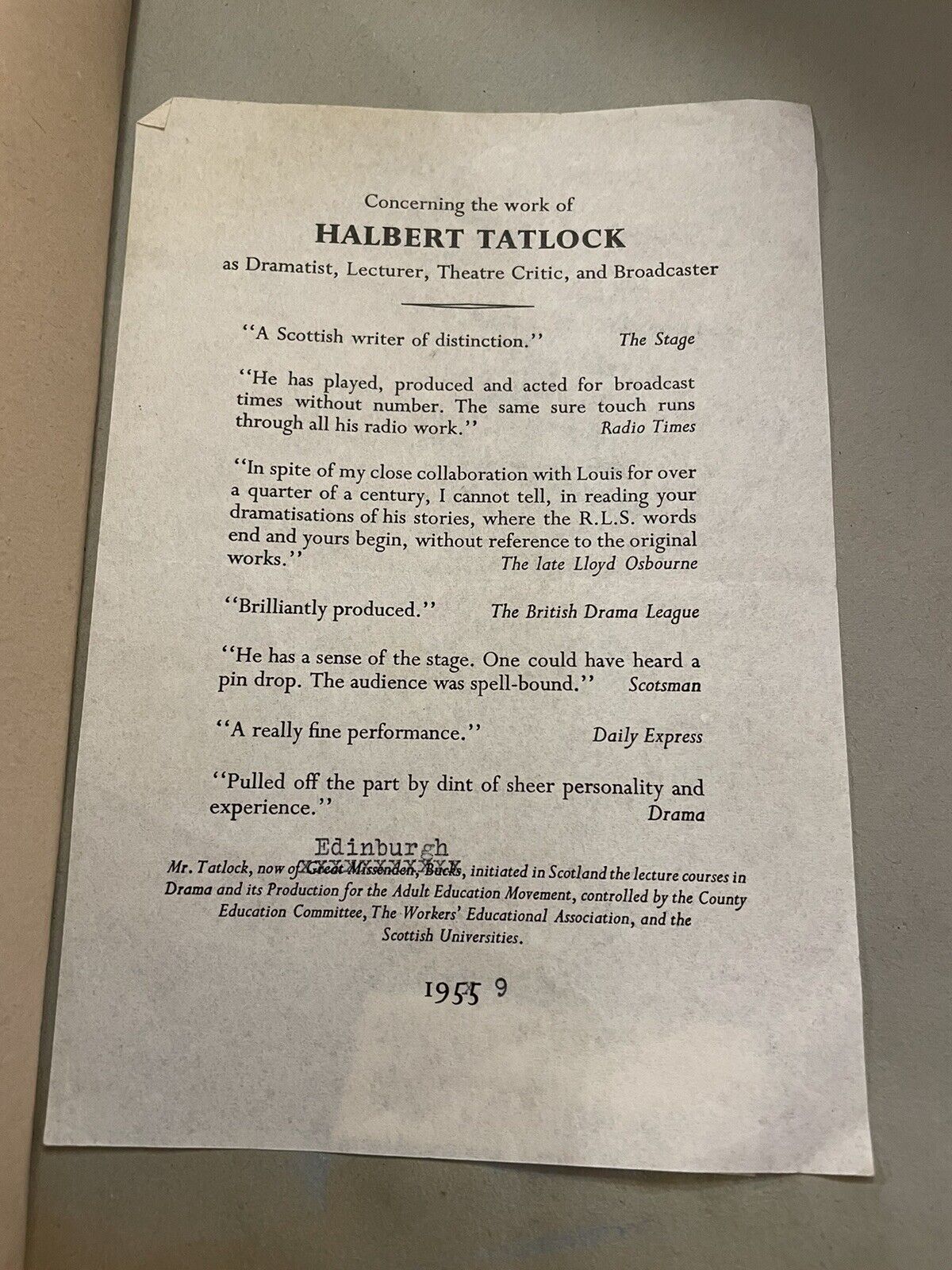 Halbert Tatlock Typed Theatre Script Play : Weir of Hermiston (Stevenson) 1927
