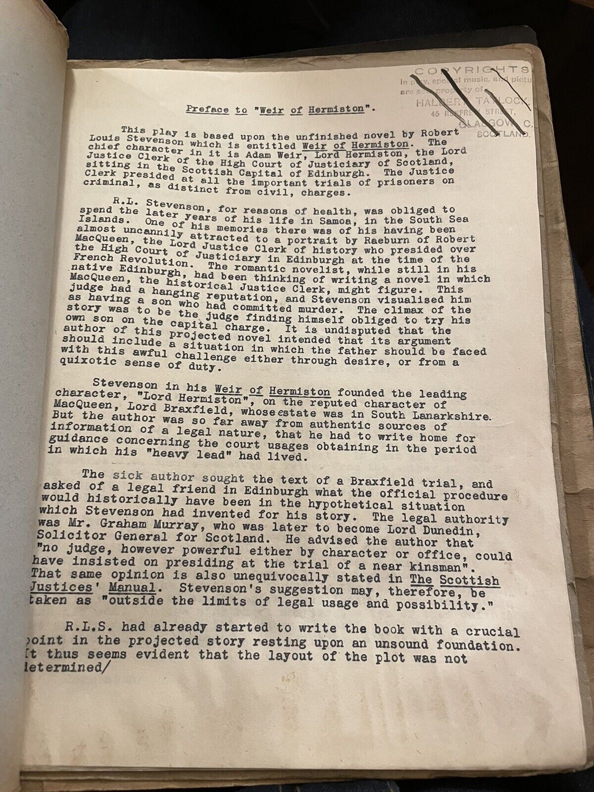 Halbert Tatlock Typed Theatre Script Play : Weir of Hermiston (Stevenson) 1927