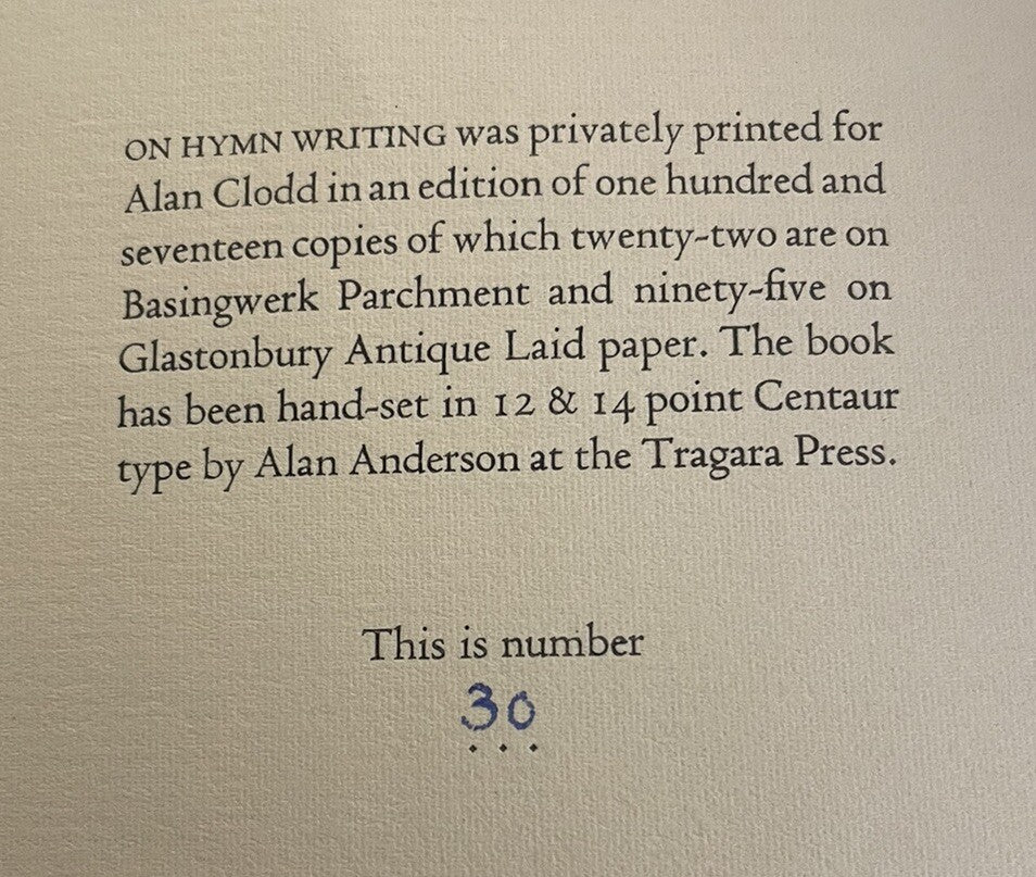 John Gray : On Hymn Writing : Tragara Press 1977 : Limited Edition 30/117