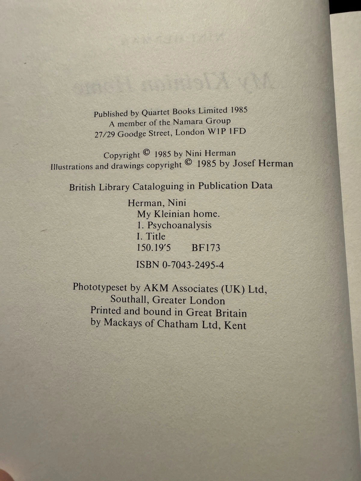 1985 My Kleinian Home : Nini Herman : Signed by Author
