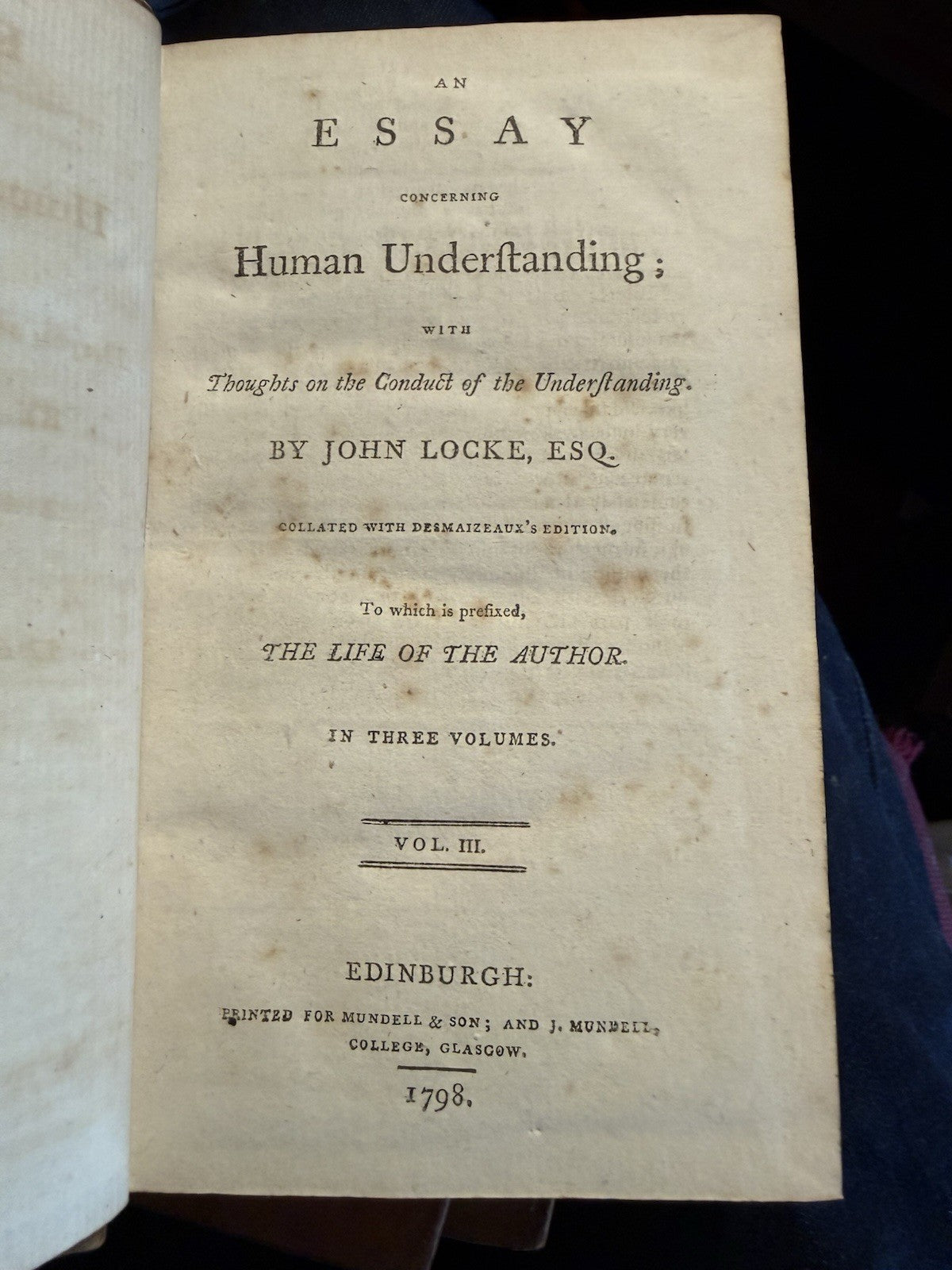 1793 John Locke : An Essay Concerning Human Understanding (3 Volumes)