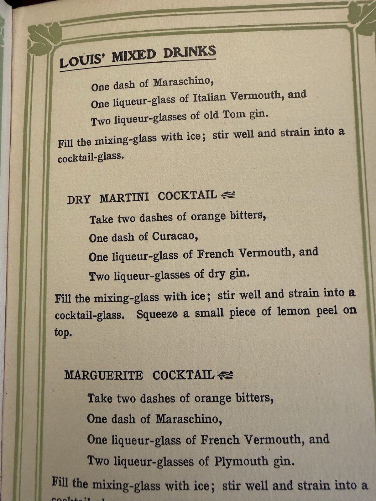 Louis Mixed Drinks; Hints Care & Serving of Wines : Cocktails : New York 1906