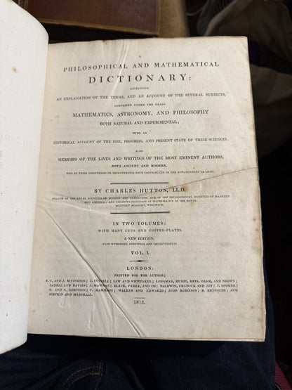 1815 The Philosophical and Mathematical Dictionary (2 Vols) Charles Hutton