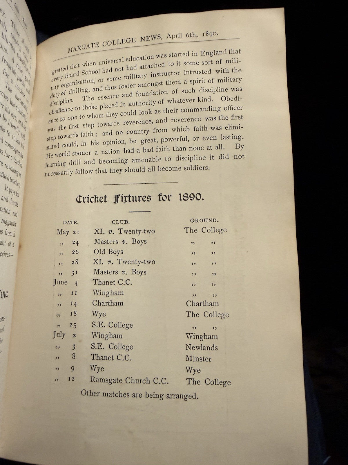 Margate College (Kent) Our News : Oct 1888 - Aug 1890 School Magazine Cricket