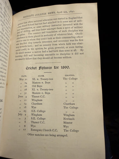 Margate College (Kent) Our News : Oct 1888 - Aug 1890 School Magazine Cricket