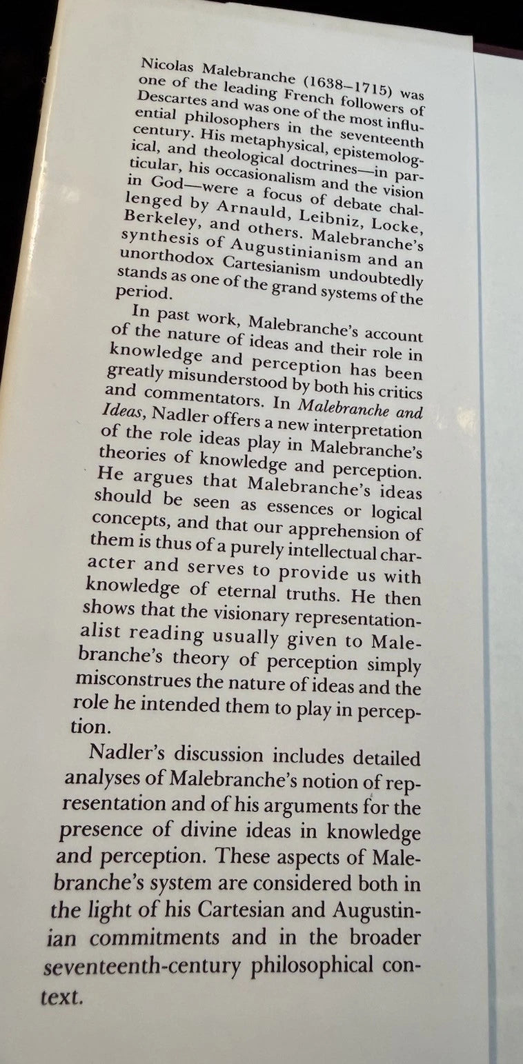 Malebranche and Ideas : Steven Nadler : French Philosophy : Oxford 1992