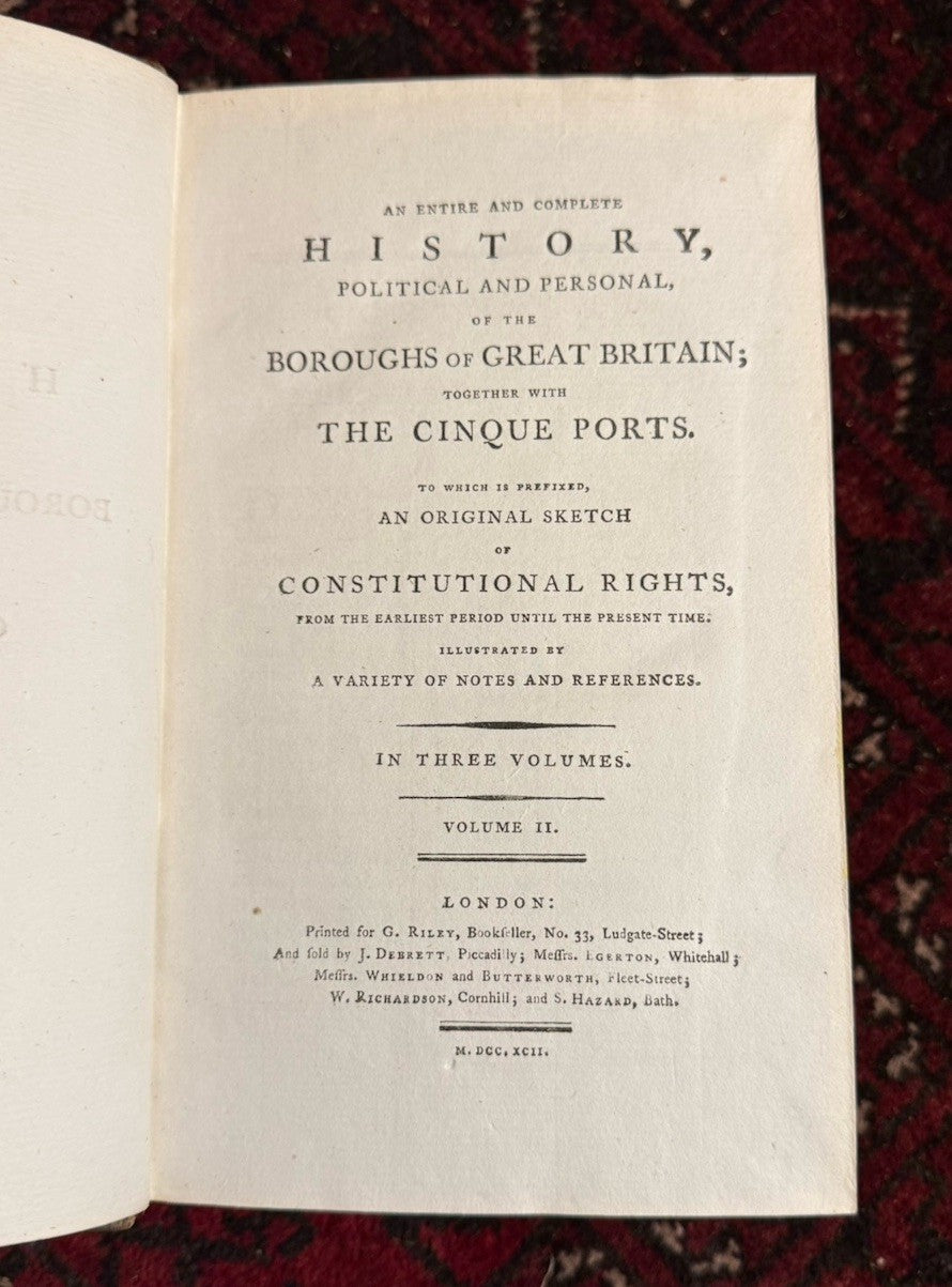 1792 Oldfield HISTORY of BOROUGHS of GREAT BRITAIN, 3 Vols, FINE TREE CALF