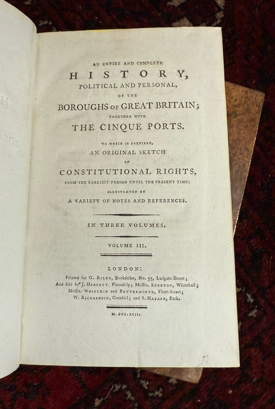 1792 Oldfield HISTORY of BOROUGHS of GREAT BRITAIN, 3 Vols, FINE TREE CALF