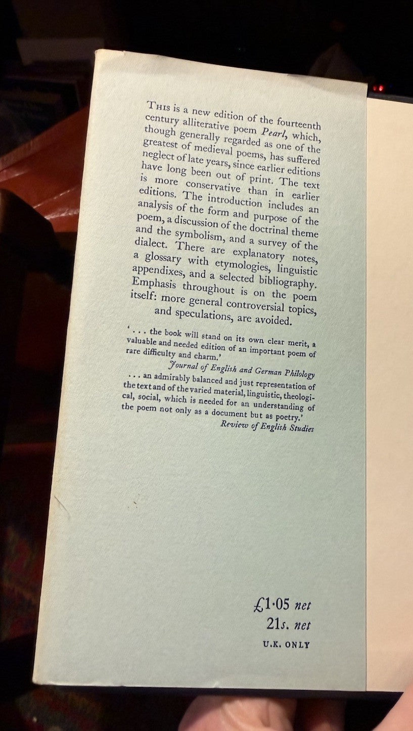 Pearl : Edited by E V Gordon ( with JRR Tolkien ) Middle English Peom