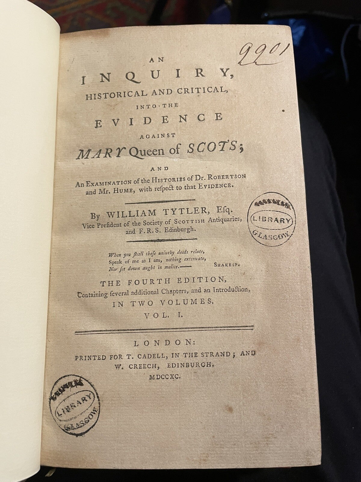 1790 An Inquiry into the Evidence Against Mary Queen of Scots (2 Vols) Tytler