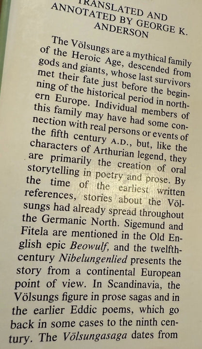 The Saga Of The Volsungs (1982 1st Ed) : George K. Anderson ; Poetry