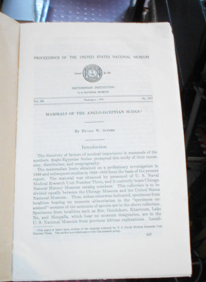 MAMMALS of the ANGLO-EGYPTIAN SUDAN Setzer SMITHSONIAN INSTITUTION 1956