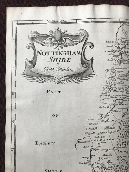 1695 COUNTY of NOTTINGHAMSHIRE Original English Antique Map  Robert Morden RARE