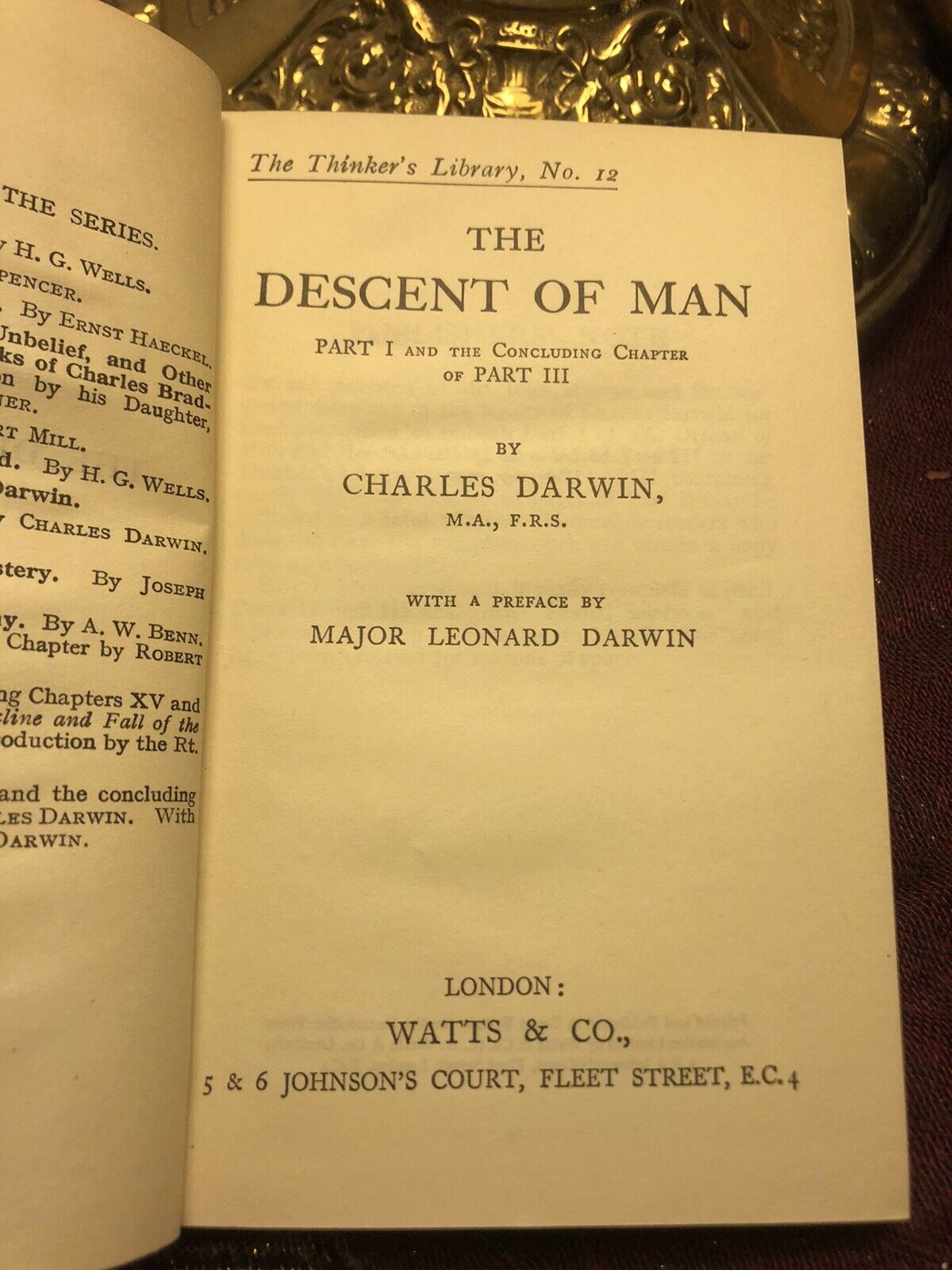 1930 Charles Darwin : The Descent of Man (Thinker's Library) VGC