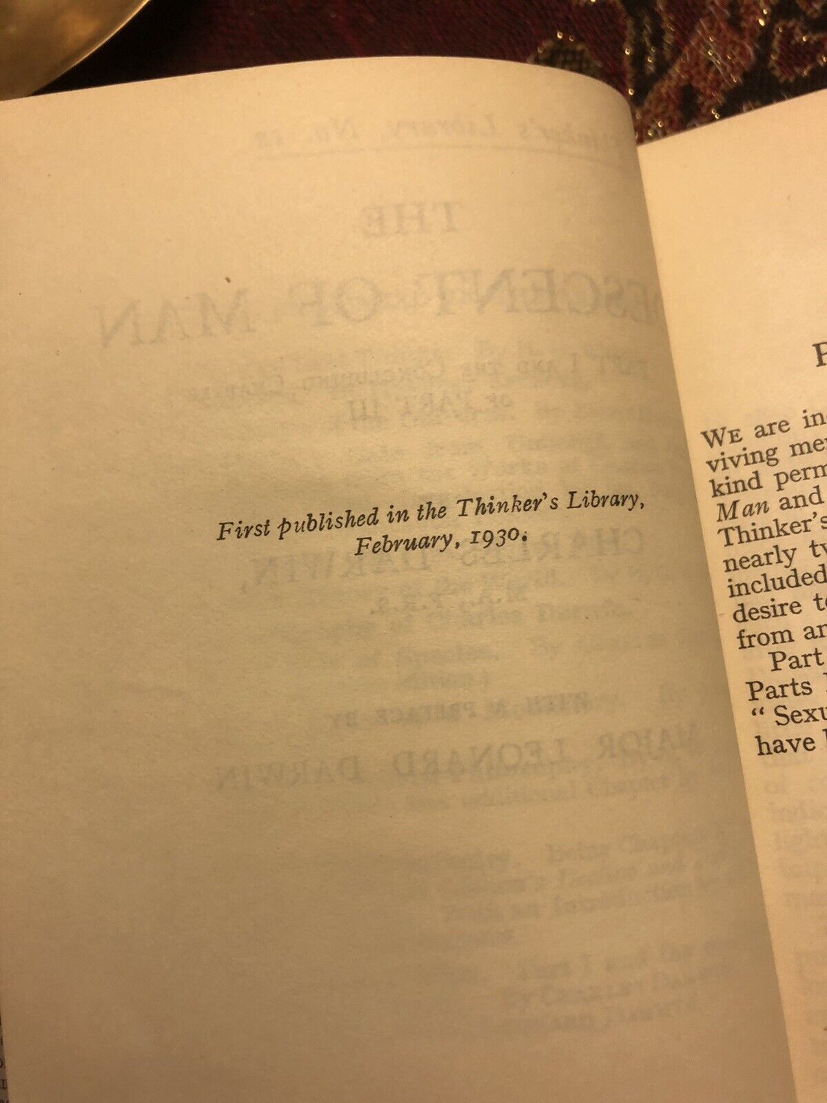 1930 Charles Darwin : The Descent of Man (Thinker's Library) VGC