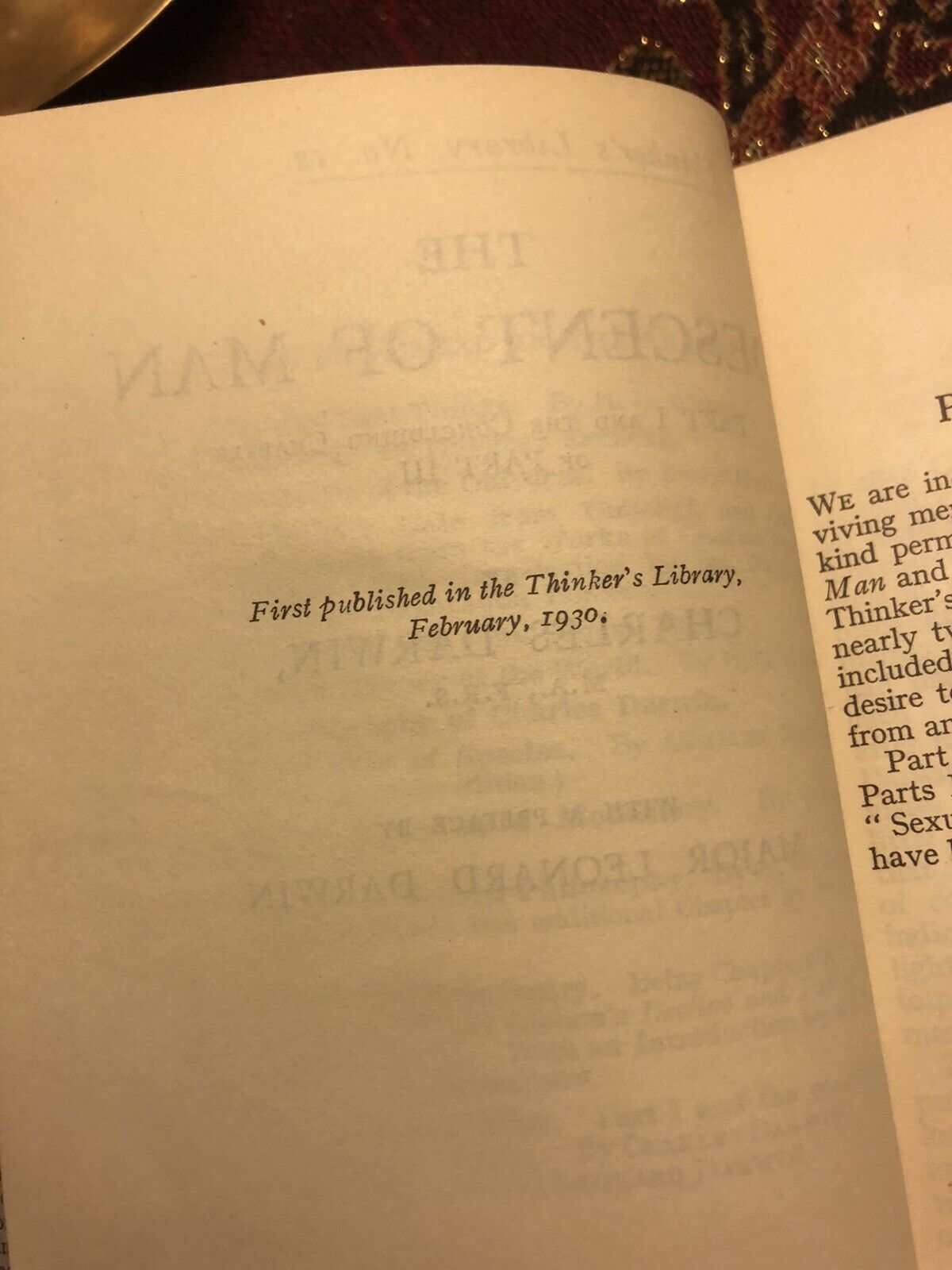 1930 Charles Darwin : The Descent of Man (Thinker's Library) VGC