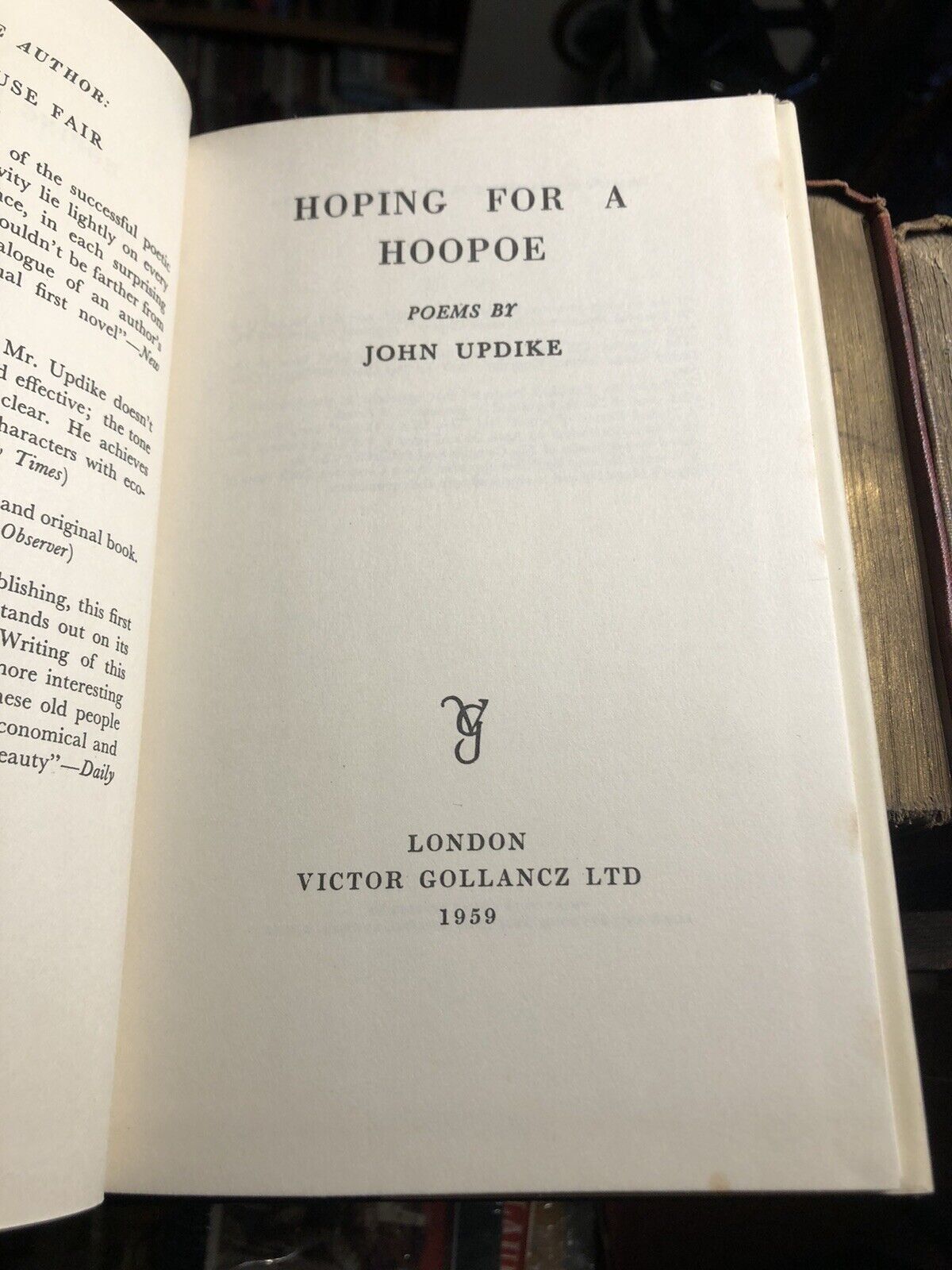 JOHN UPDIKE : Hoping for a Hoopoe POEMS 1st UK Edition 1959 : Very Good Conditio
