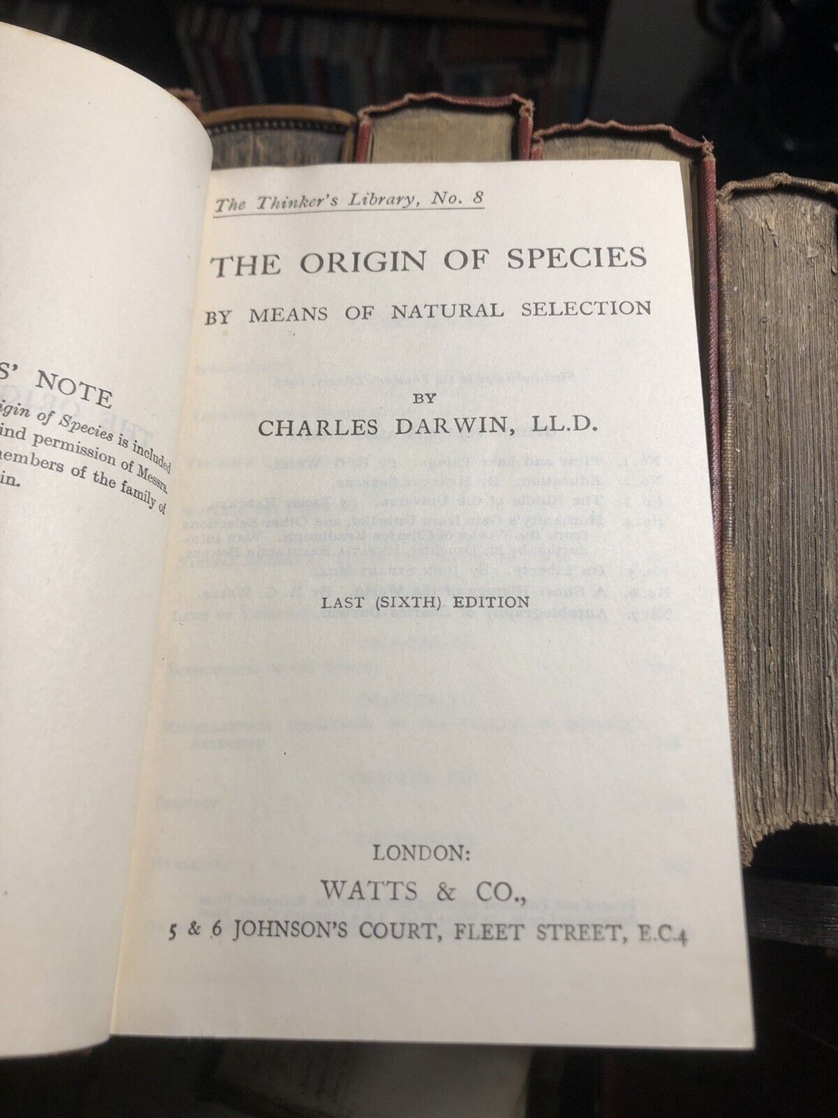 1929 Charles Darwin : The Origin of Species by Means of Natural Selection : VGC