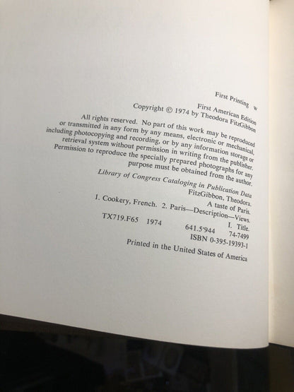 A TASTE OF PARIS Theodora Fitzgibbon FAMOUS RECIPES Cook Book (1974 1st US ed)