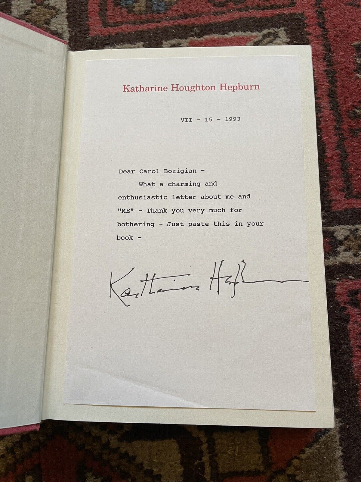 Katharine Hepburn SIGNED LETTER Hollywood Autobiography ME