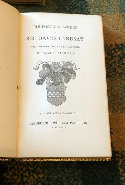 1879 POETICAL WORKS OF SIR DAVID LYNDSAY 3 Fine Bindings : Renaissance Poetry